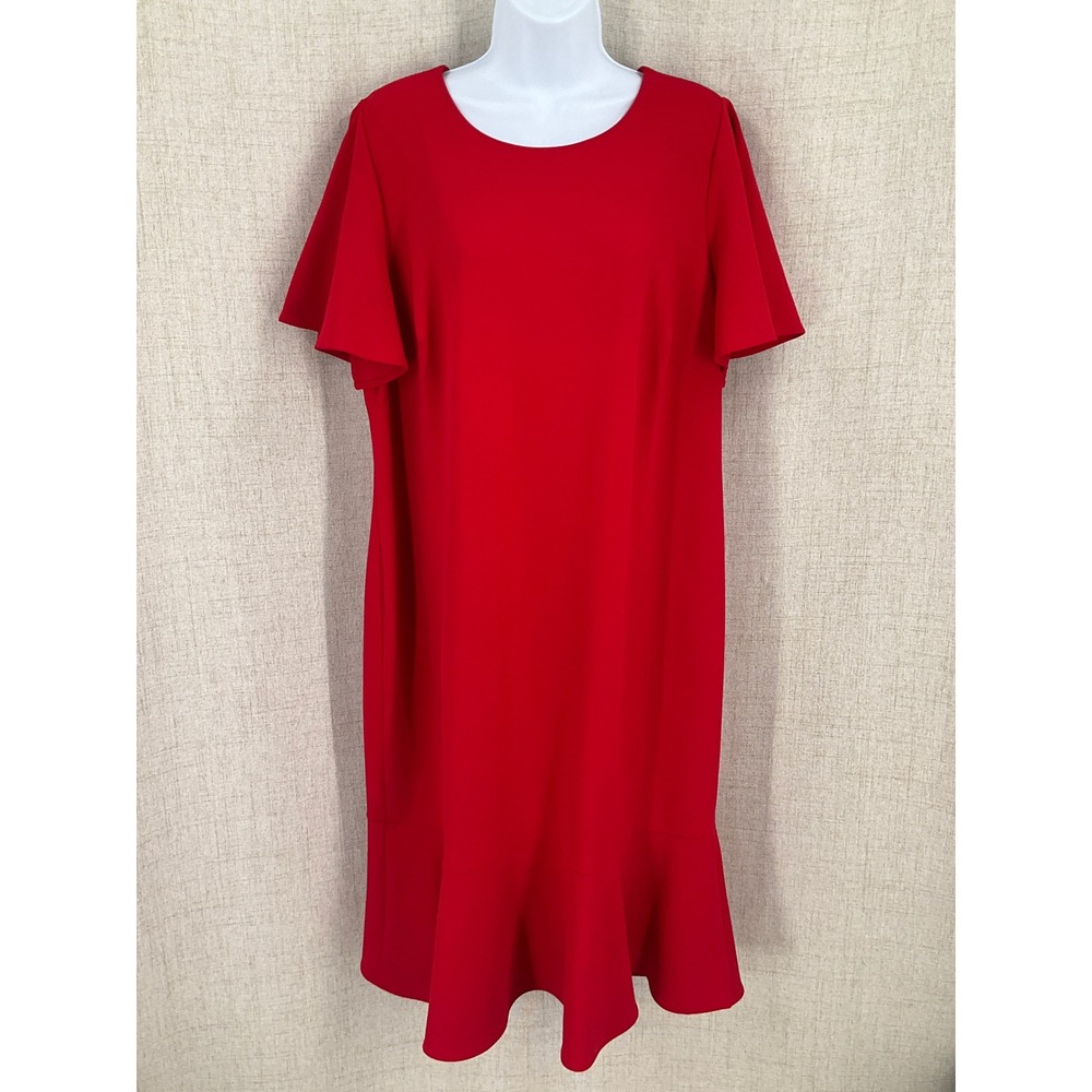 Calvin Klein Sheath Dress Womens 16W Red Flutter Sleeve Ruffle Flounce